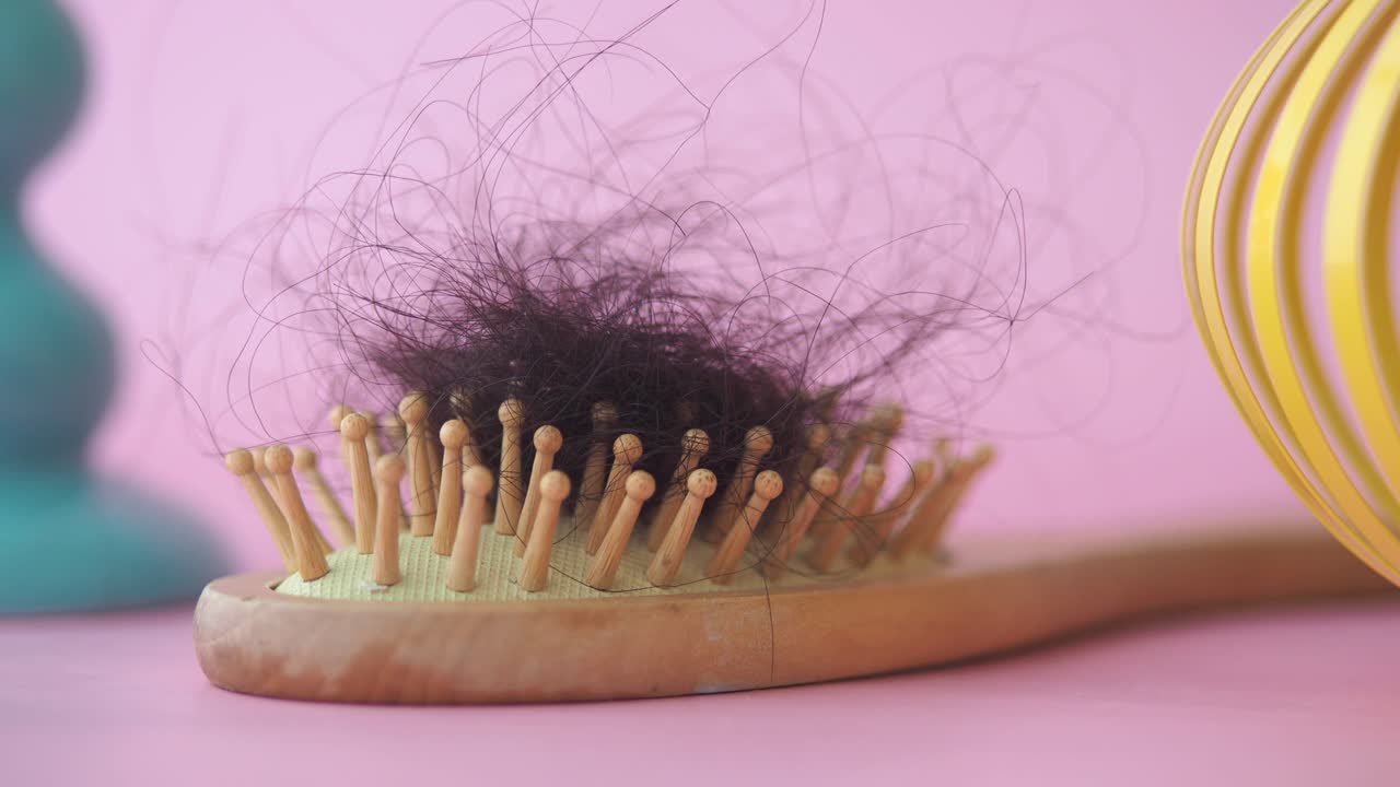 Hair loss on a wooden brush against a pink background