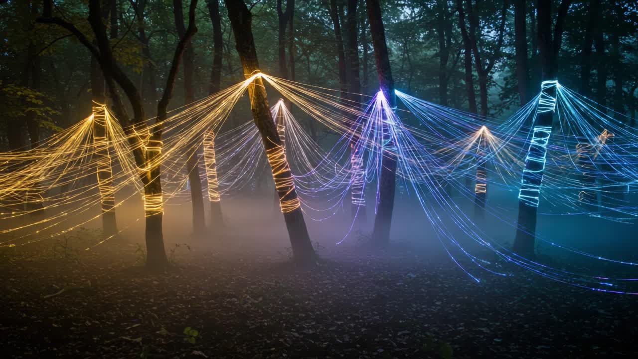 Foresta illuminata: una sinfonia visiva di luce e colore, con fili vibranti che danzano tra gli alberi in un mistico paesaggio nebbioso