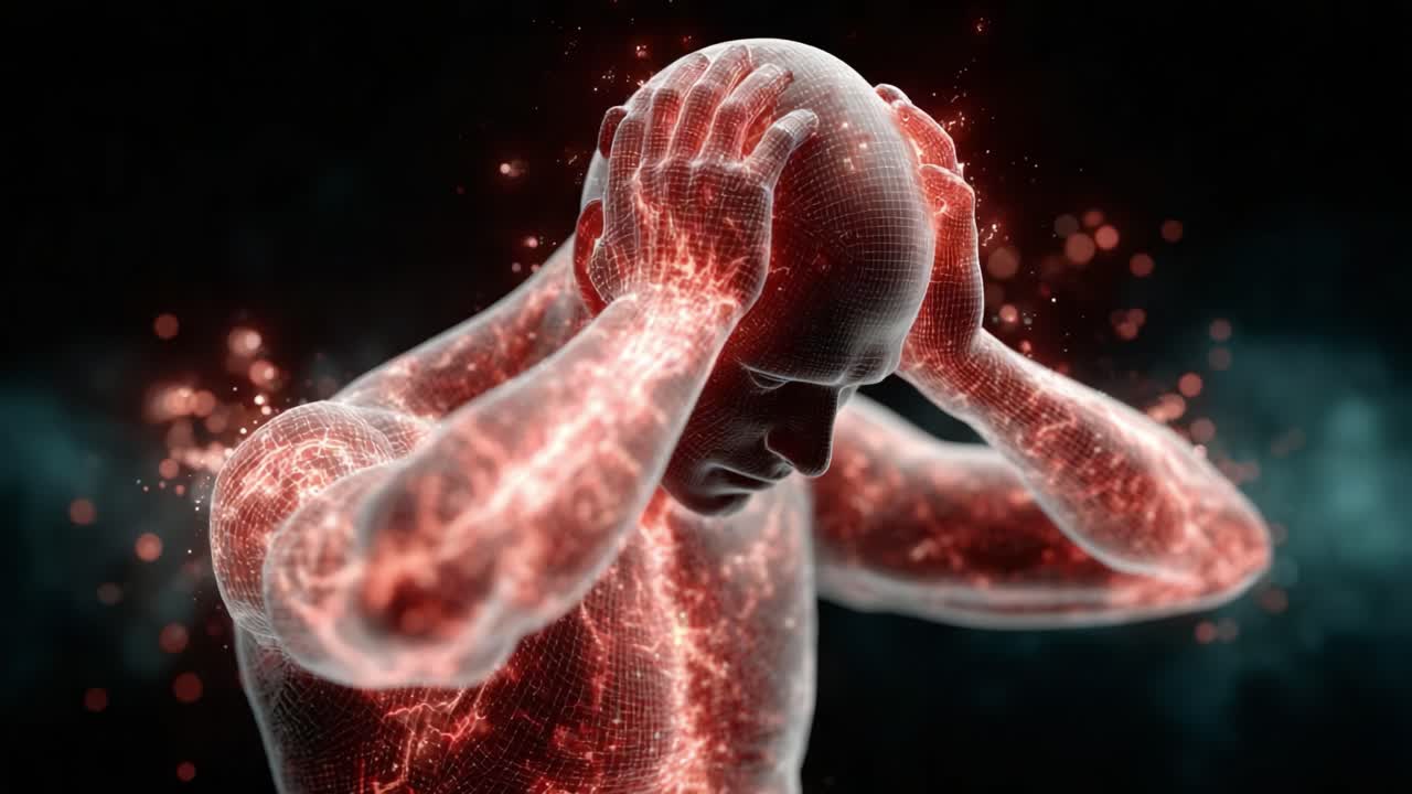A Fractal Representation of Stress: A Digital Human Figure Grasping His Head, Portraying Internal Struggle Through Dynamic Light and Energy Waves
