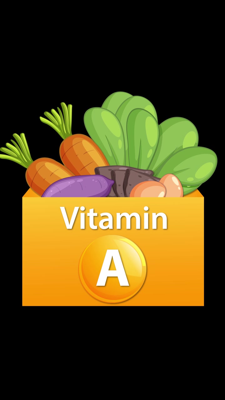 Una scatola animata di vitamina A si apre, rivelando verdure assortite, con transizioni fluide e colori vivaci.
