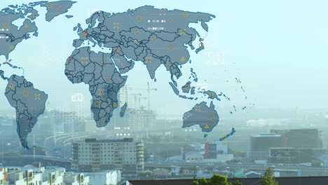 animating world map with data points over cityscape background