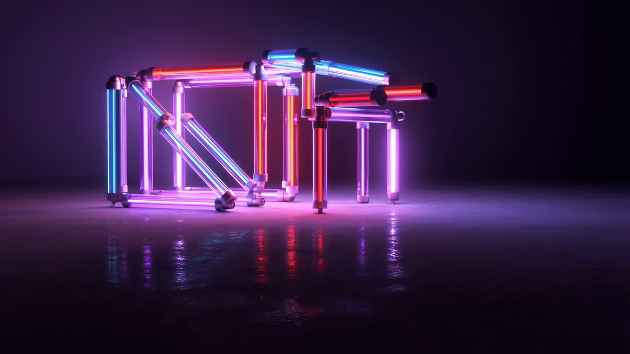 Abstract Neon Light Structure on Dark Reflective Surface