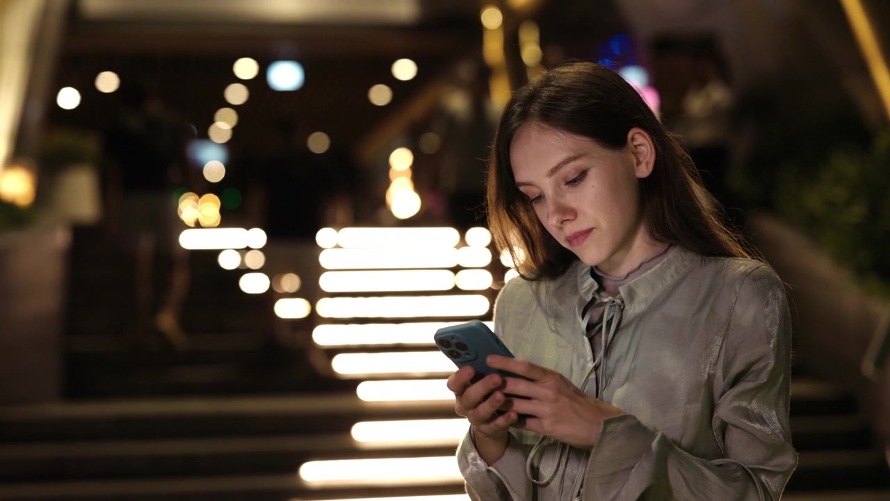 Giovane donna che usa lo smartphone di notte con scale illuminate.