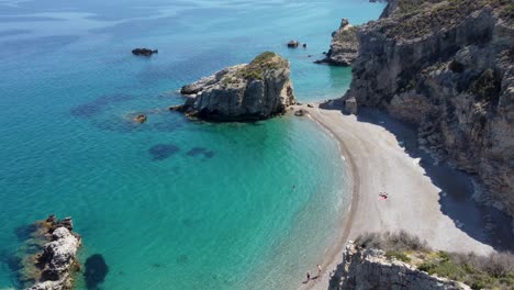 aerial revealing view of kaladi beach in kythira island, greece