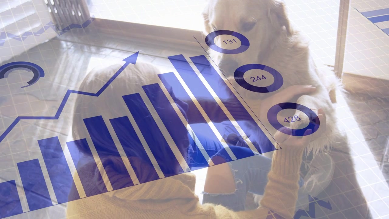 Blue data overlay sliding across frame initiating woman petting and cradling dog, showing calm bond