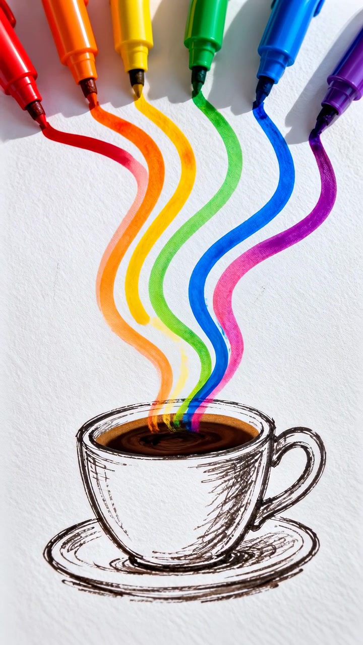 Red, orange, yellow, green, blue and purple lines change shape frame by frame, connecting felt-tip markers at top with illustrated cup and saucer below on bright white paper.