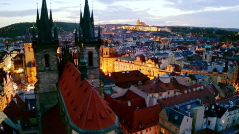 aerial view easter market in prague at twilight