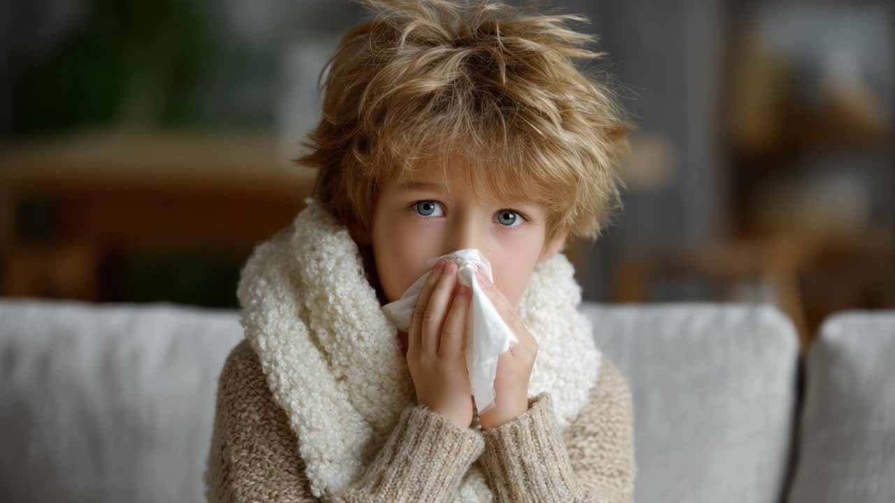 A Young Boy with a Cold: A Portrait Capturing Emotion and Tenderness, Wrapped in a Cozy Sweater While Facing the Challenges of Illness and Discomfort