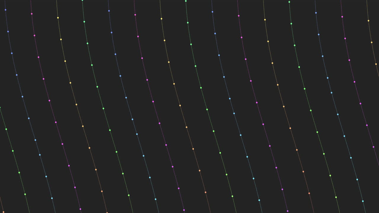 Vibrant colored lines in a diagonal arrangement on a black background, connected and composed of small dots, create an abstract and visually striking geometric pattern