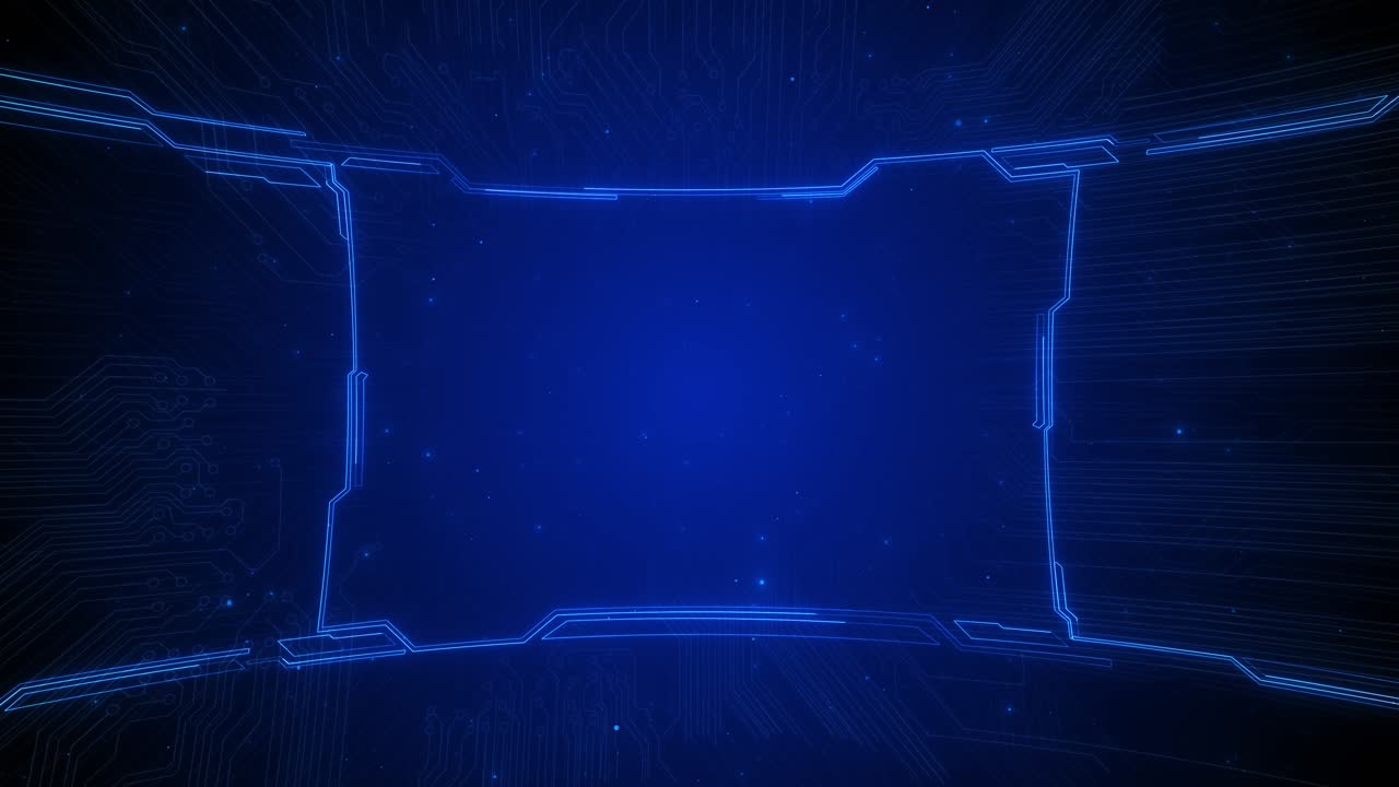Interfaccia HUD blu futuristica, display digitale high-tech con cornice luminosa blu.