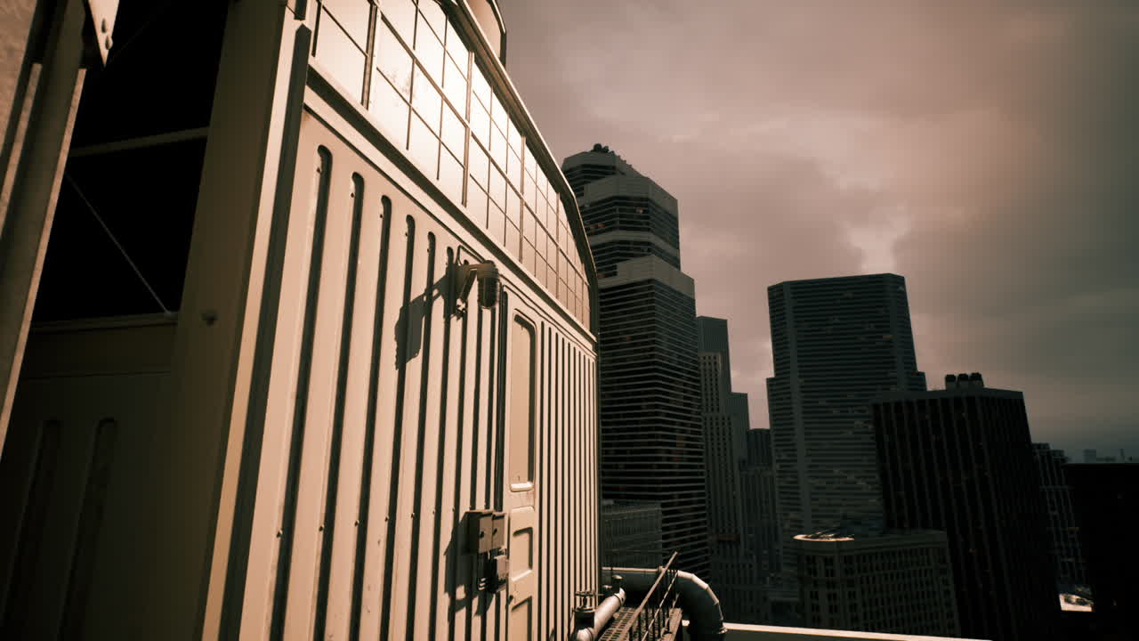 Urban landscape viewed from a rooftop with skyscrapers under cloudy skies