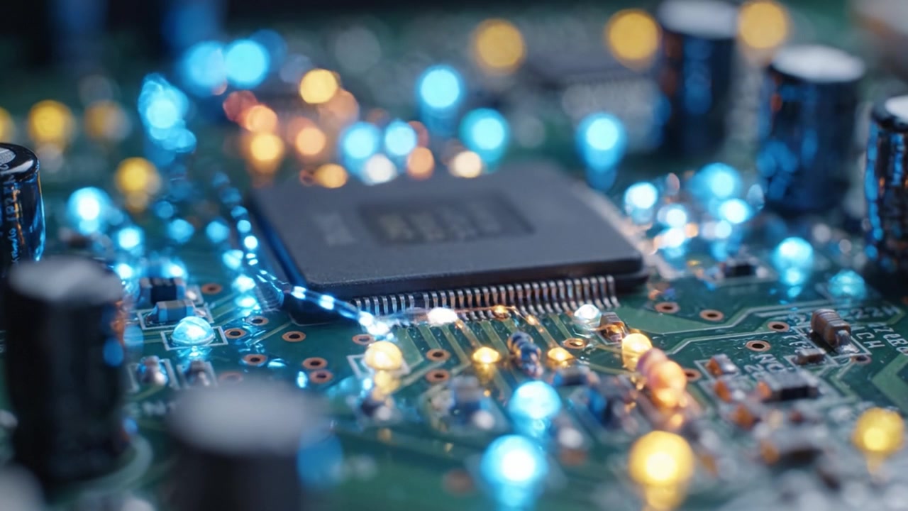 Close-Up View of a Detailed Circuit Board with Illuminated Components and a Prominent Microchip, Showcasing Advanced Electronic Technology and Precision Engineering