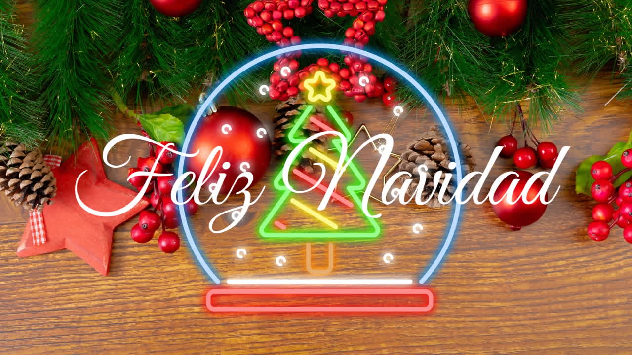 animación de feliz navidad texto sobre decoraciones de navidad