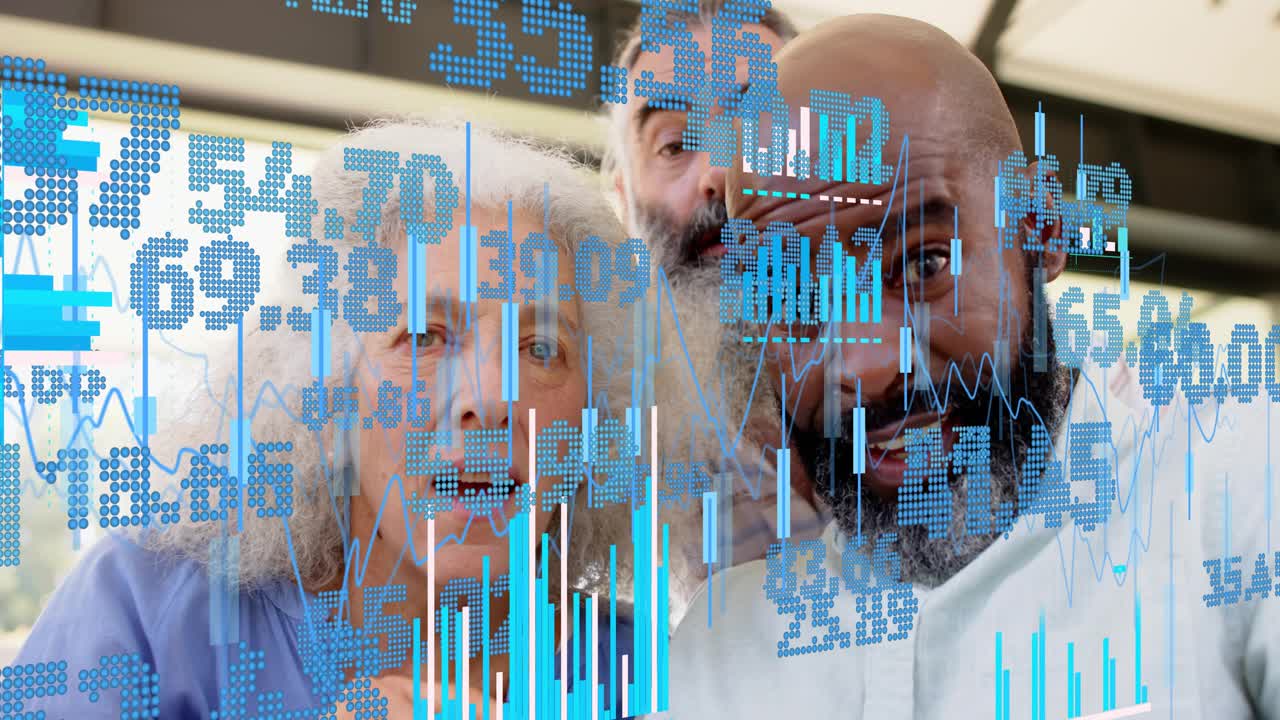 Three adults posing on couch, man extending arm, initiating blue data charts for social tech demo