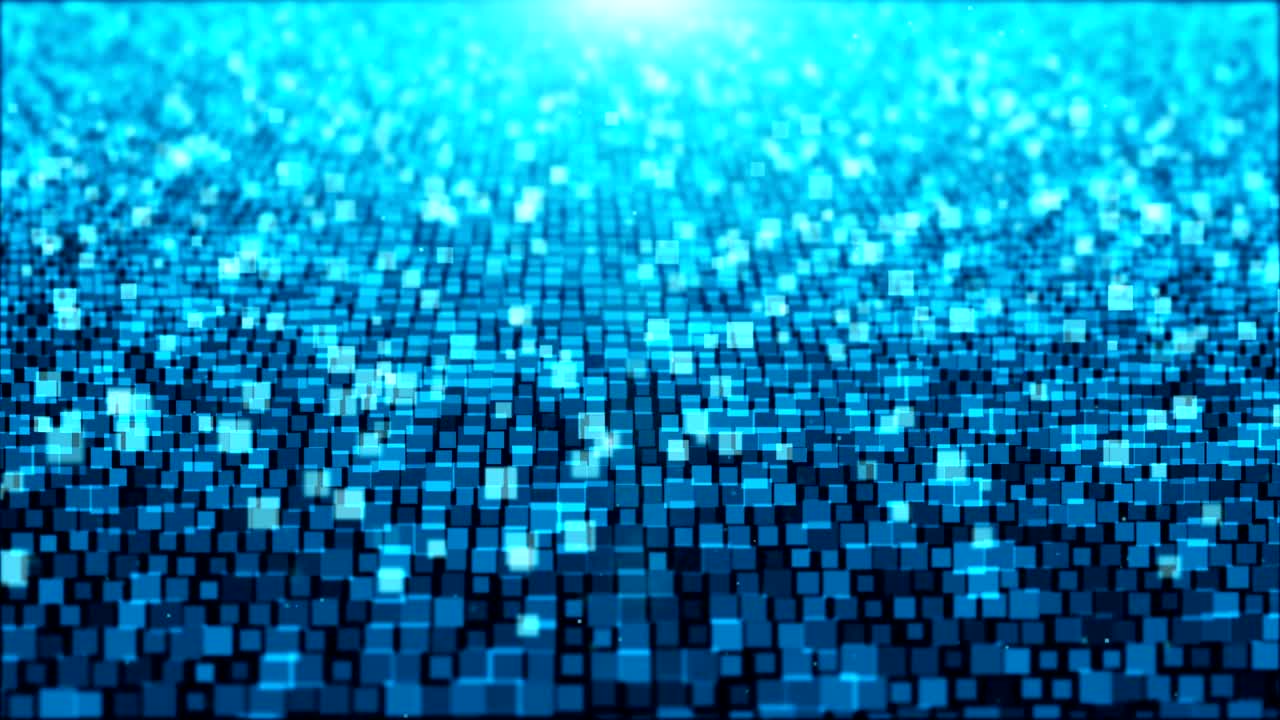 Animation ,motion abstract background with square light blue and white moving and flicker particles. Backdrop of bokeh.