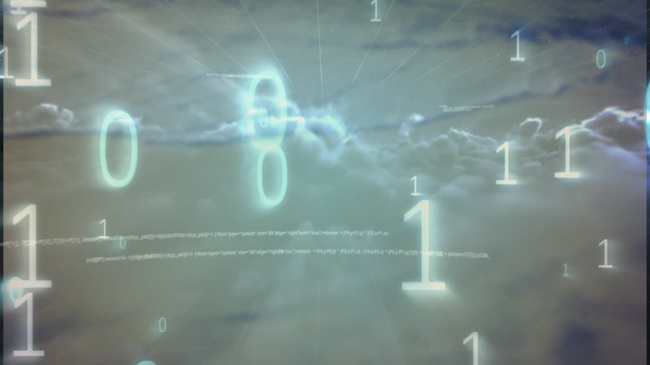 Animation of binary coding data processing against blue spot light over clouds in the sky