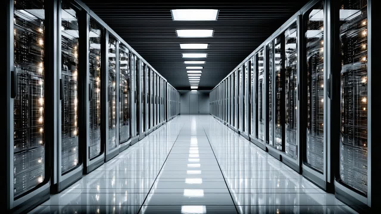 Enestående billede af en topmoderne datacenterkorridor, der fremhæver de moderne serverreoler og avanceret teknologi i et højteknologisk miljø