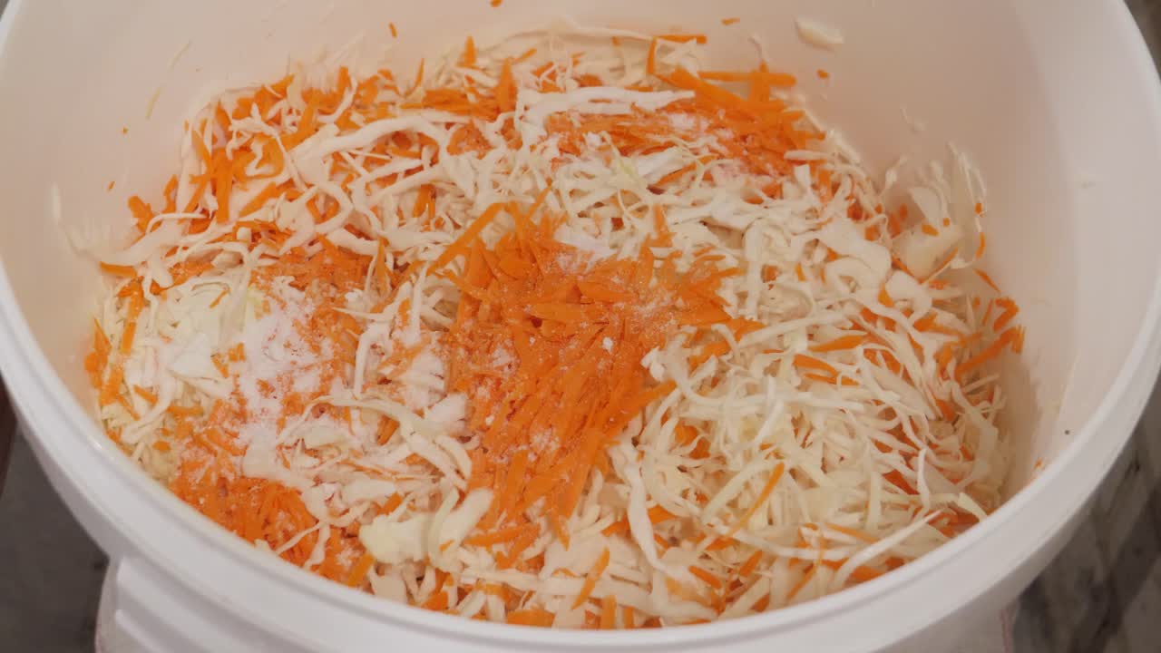 Añadiendo ingredientes a col y zanahorias en rodajas