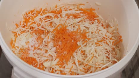 adding ingredients to sliced cabbage and carrots