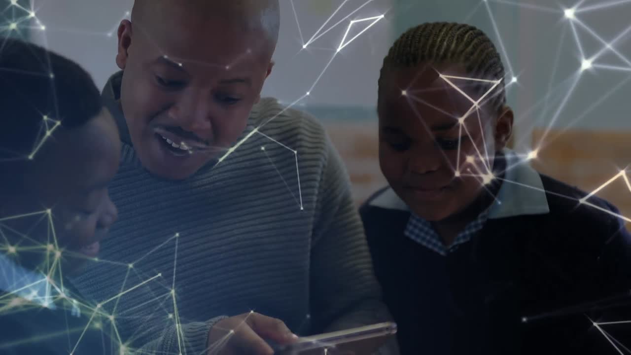 Animation of african american father with sons using tablet over shapes