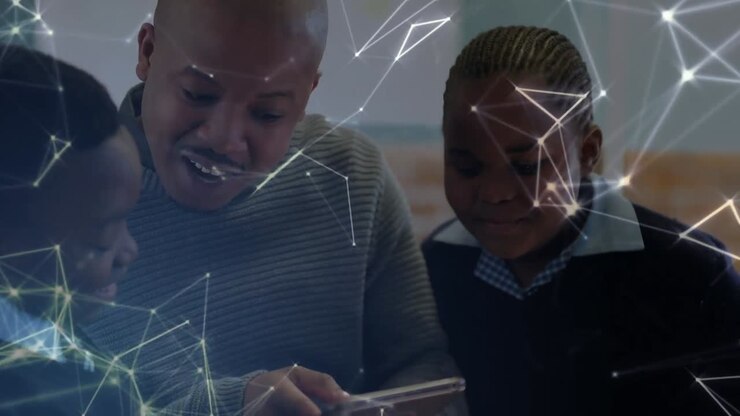 Animation of african american father with sons using tablet over shapes