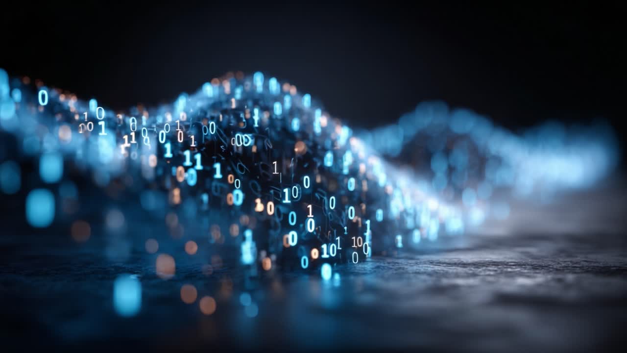 Dynamisk flyt av binære data: En visuell fremstilling av digital informasjon i bevegelse, som fremhever de bølgelignende mønstrene av enere og nuller.