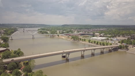 aerial shot panning bridge's over the arkansas river downtown little rock arkansas