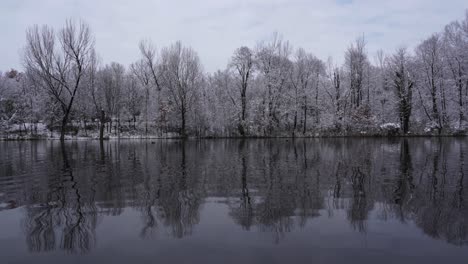 escena de invierno con árboles cubiertos de nieve que se reflejan en las tranquilas aguas frías del lago