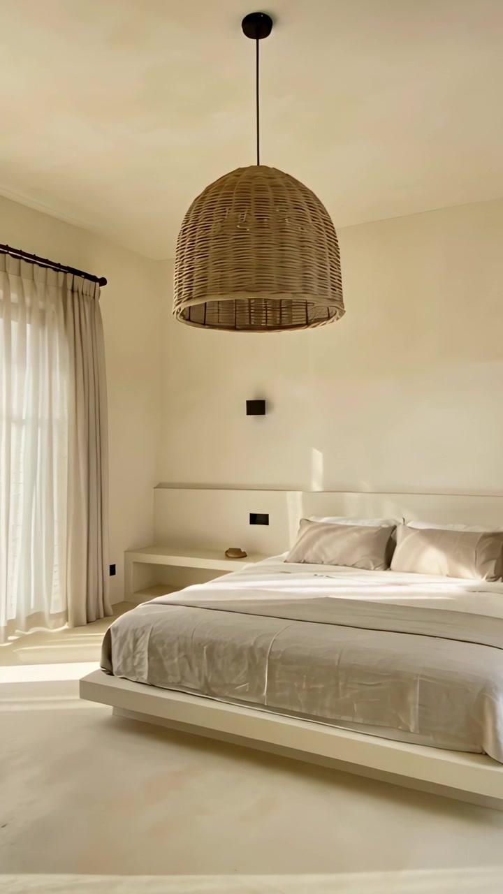 Video verticale: Luce solare che scivola su un letto a piattaforma e una lampada in rattan in camera da letto, creando una macchia di luce calda.