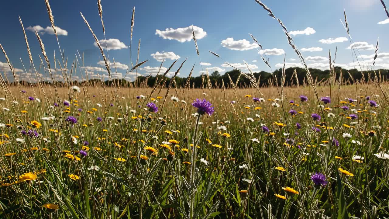 A low-angle video captures a vibrant wildflower meadow under a clear blue sky, showcasing colorful