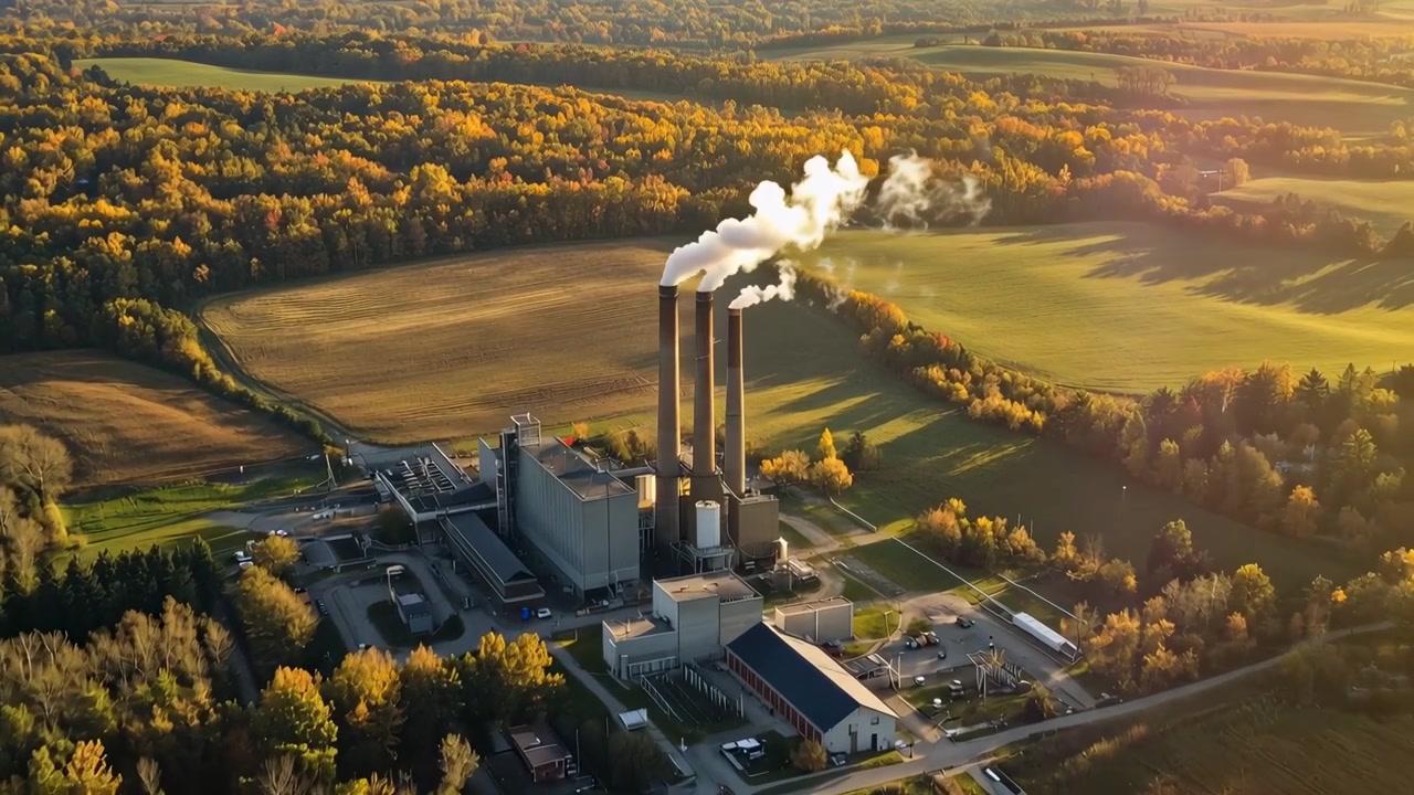 Aerial View of Power Plant with Smoking Smokestacks in Autumn Landscape