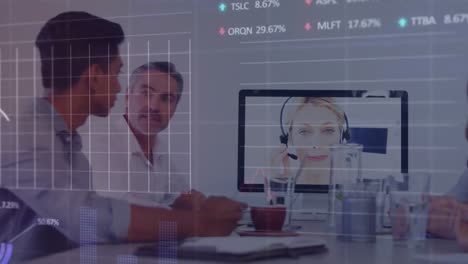 animation of stock market data processing on diverse colleagues having a video conference at office