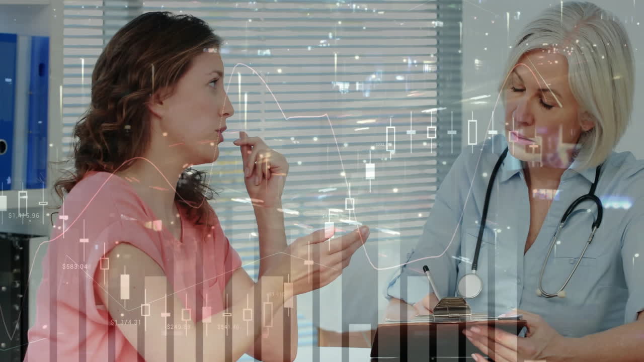 Processing financial data, healthcare professional consulting with patient in office