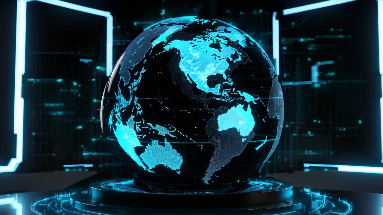 Futuristic digital globe with glowing continents, viewed from a low angle