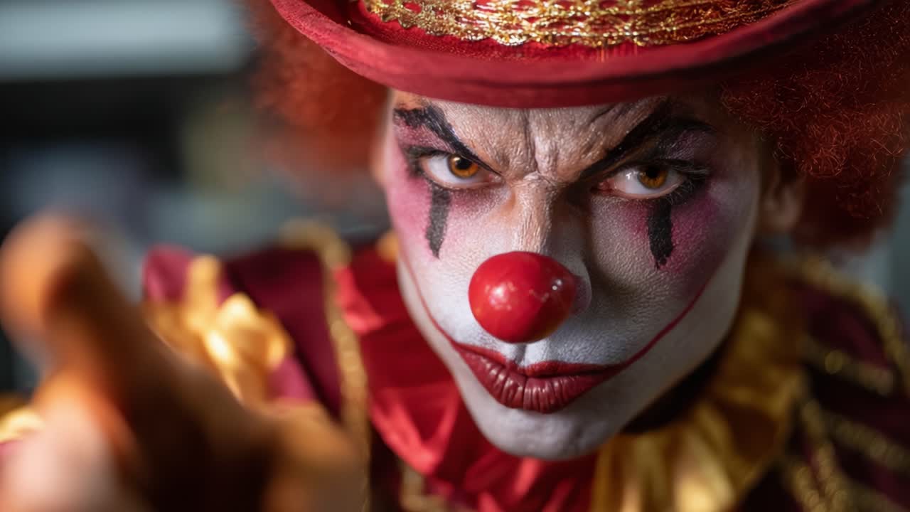 Intense Clown Expression: A Close-Up of a Menacing Clown with Bold Makeup and Fiery Red Hair Pointing Directly at the Camera in a Dramatic Scene