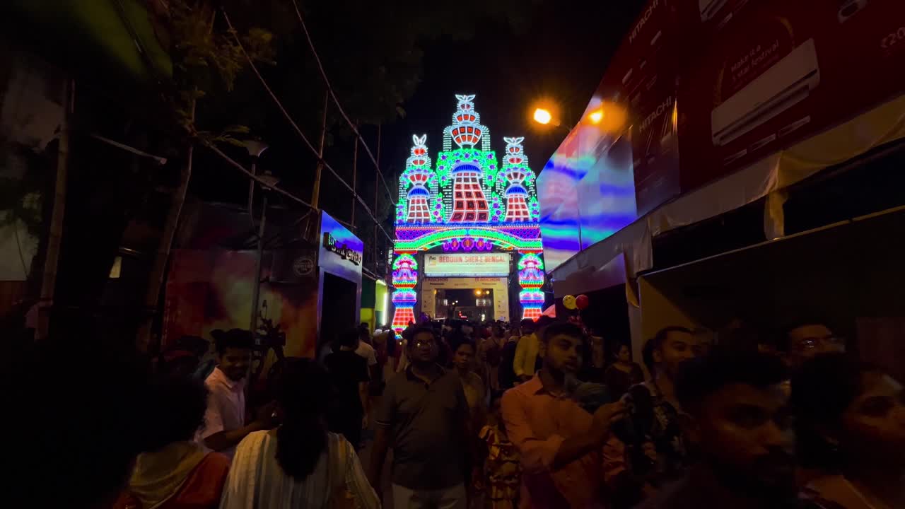 Kolkata is decorated with lights during Durga Puja.