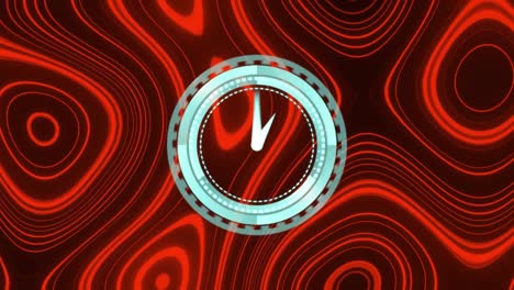 Animation-of-neon-ticking-clock-over-kaleidoscopic-pattern-against-red-background