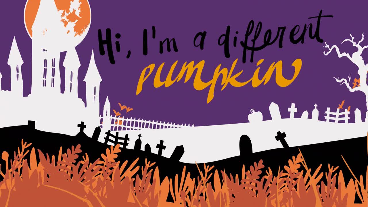 Animation of hi i'm a different pumpkin text over haunted cemetery, on purple background