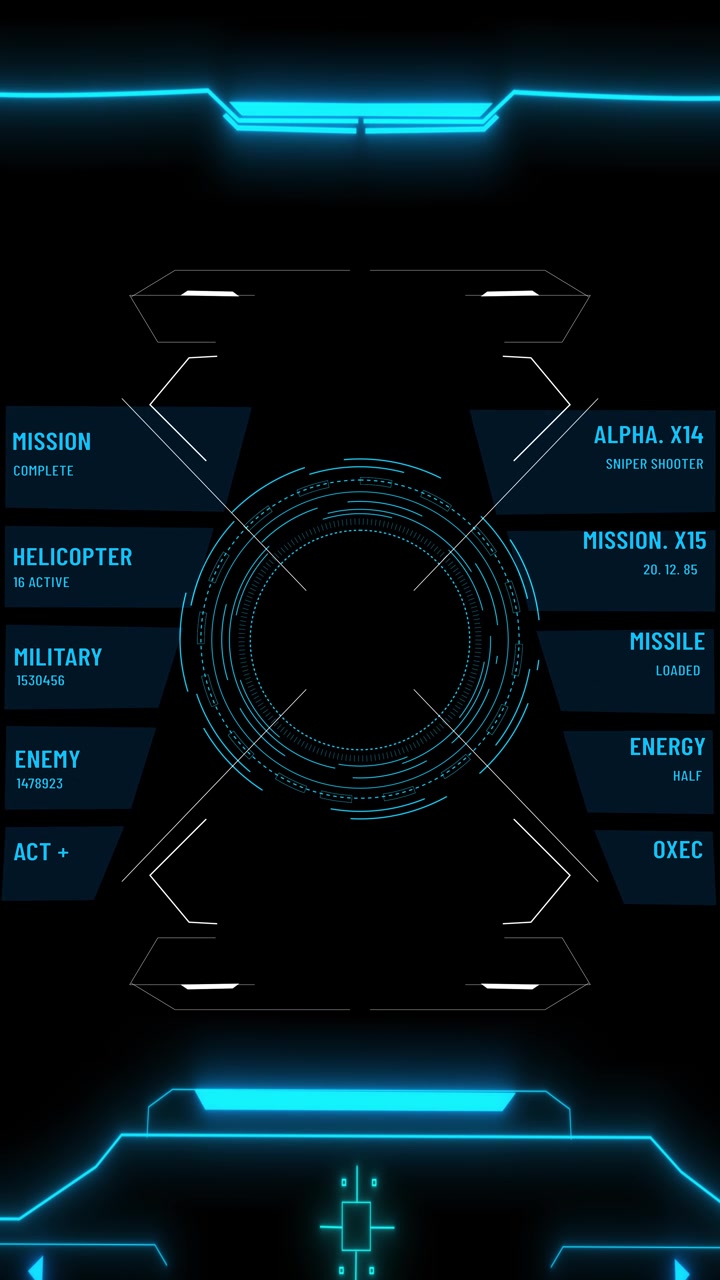 Blue tactical hud display circular aiming scope mission text weapon status panels interface lines