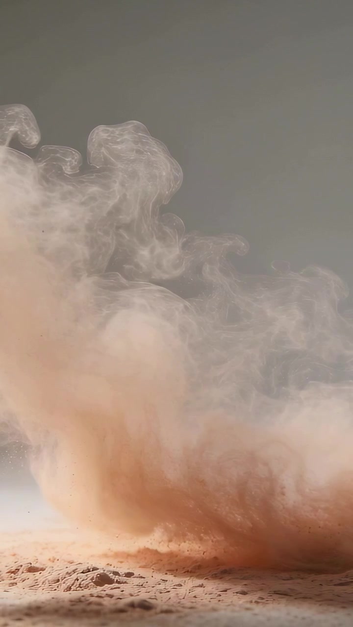 Video verticale: Nuvola di polvere che erutta dopo l'impatto con il terreno, salendo e avvolgendosi sulla sabbia, con detriti.