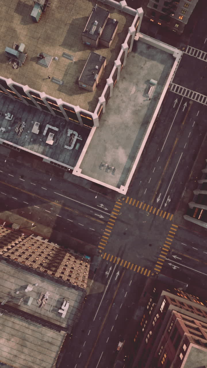 vista aérea de una intersección de la ciudad con edificios y carreteras