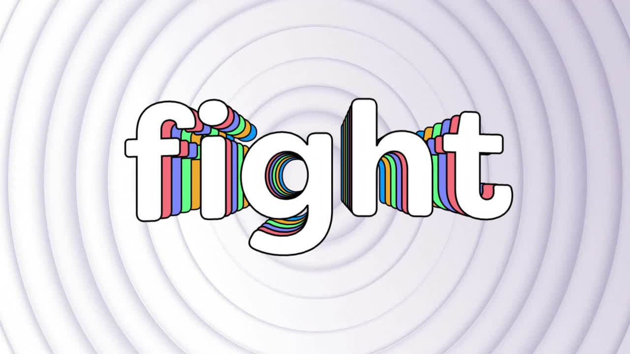 Fight text animation with colorful layers over concentric circles background