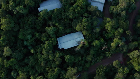 Drone---Hotel-En-La-Selva,-Parque-Nacional-Iguazú,-Argentina,-Bajando-El-Tiro-Por-Encima-De-La-Cabeza