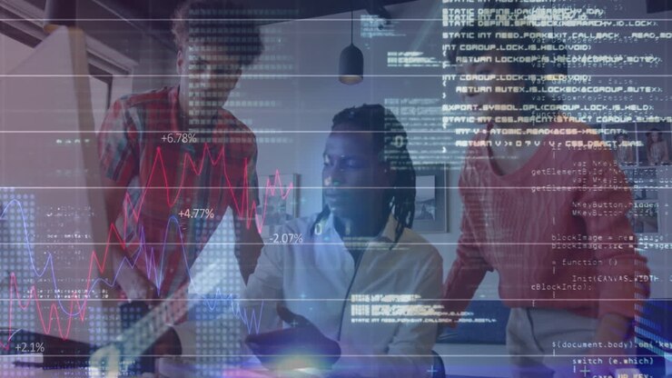Animation of financial data processing over diverse business people in office