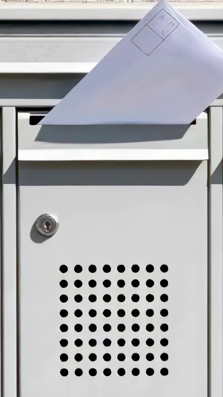 Vertical video: Shifting envelope rotating and sliding by wind in top mail slot on mailbox, lock