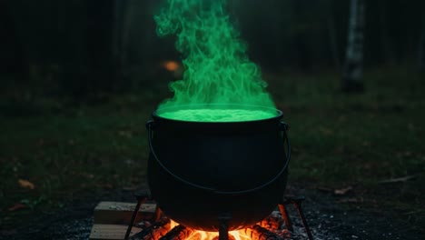 A Mysterious Cauldron Simmering with Enigmatic Green Vapor over an Open Flame, Bestowing an Air of Magic and Intrigue in a Forest Setting
