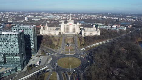 in bucharest capital city of romania drone shooting, flying over roads and media tv center