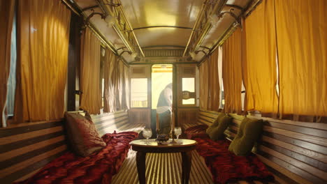 vintage train car interior with passengers