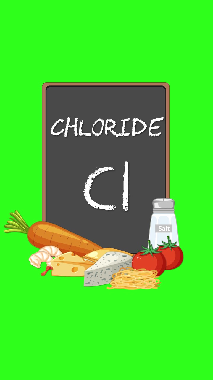 Animated chloride mineral board with assorted food sources on bright green chroma background, subtle zoom