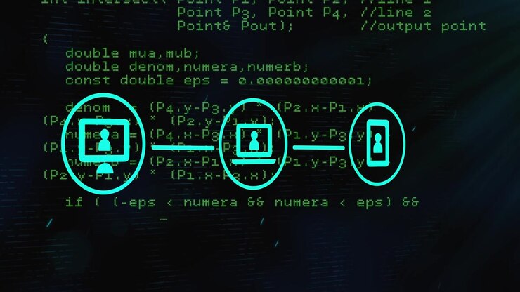 Animation of network with digital icons and data processing